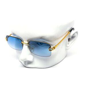 Men Sunglasses Hip Hop Gold Blue Lens Small Retro Designer Rimless Shades Lentes